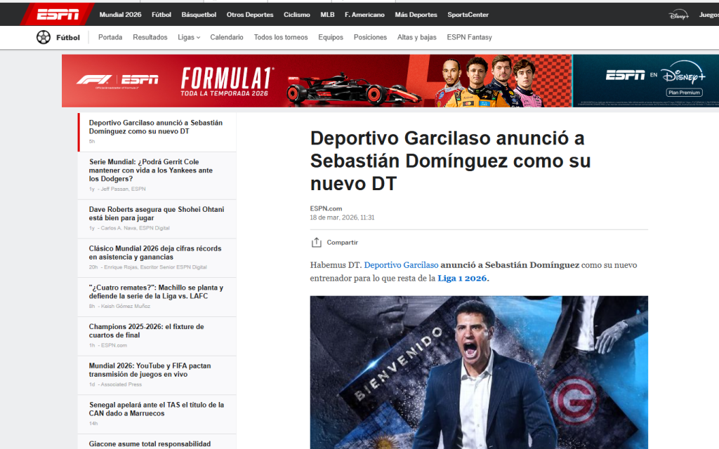 ESPN informa del nuevo entrenador de Deportivo Garcilaso.